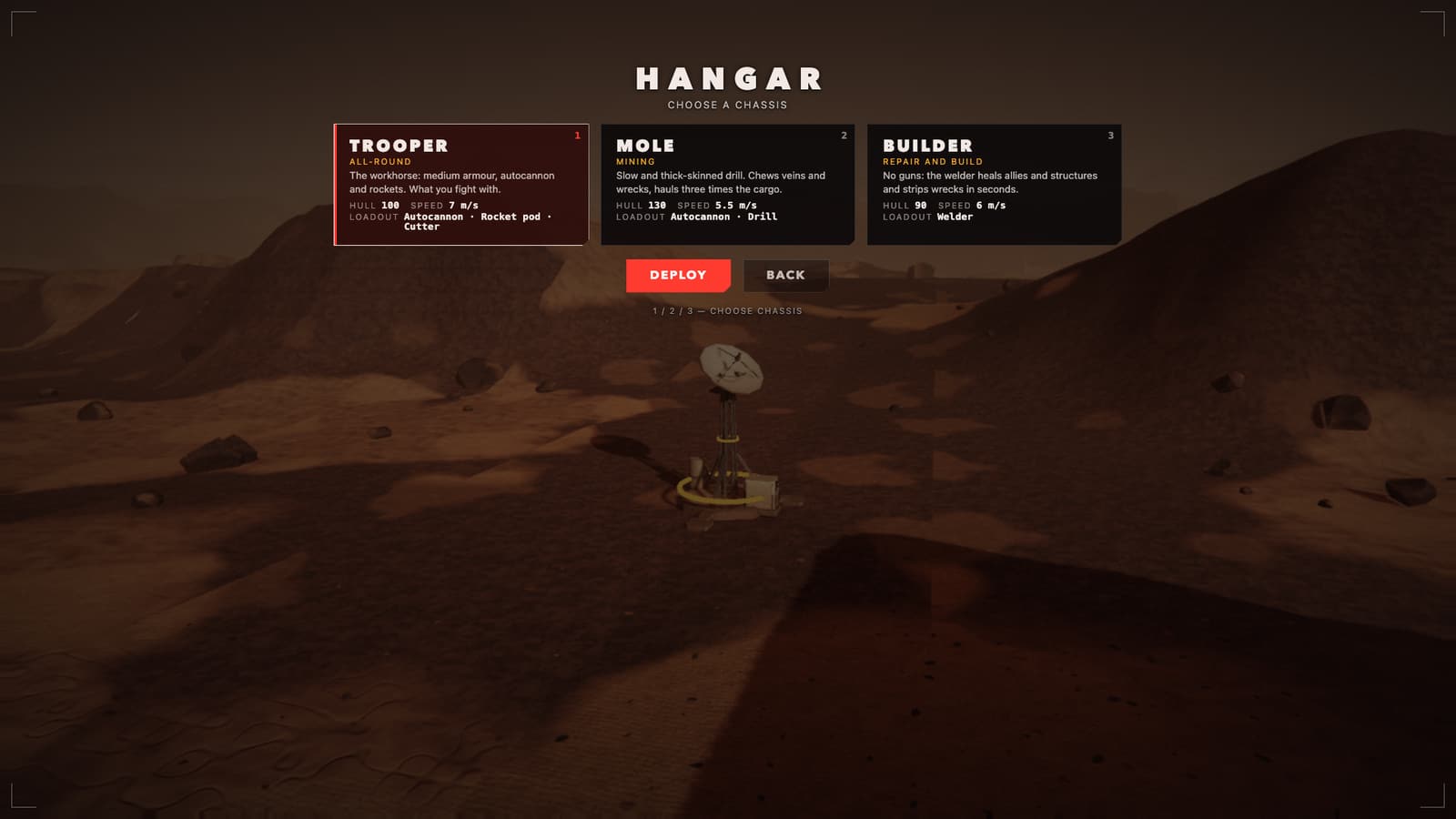 Hangar screen with three chassis cards: Trooper, Mole and Builder