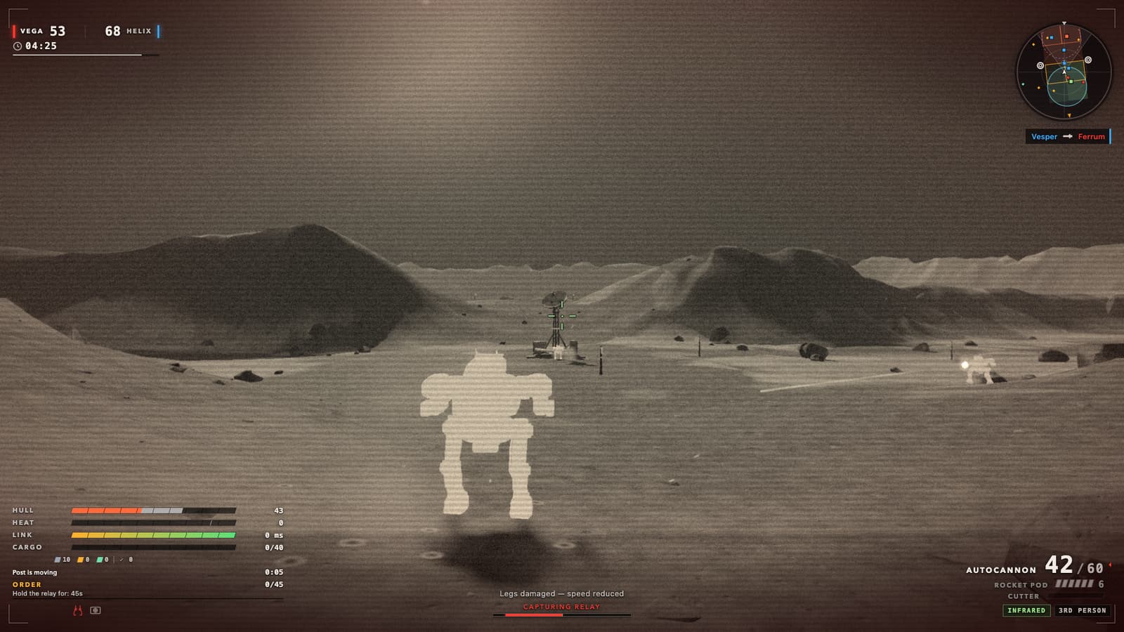 Infrared view: glowing mech silhouettes against a cold desert